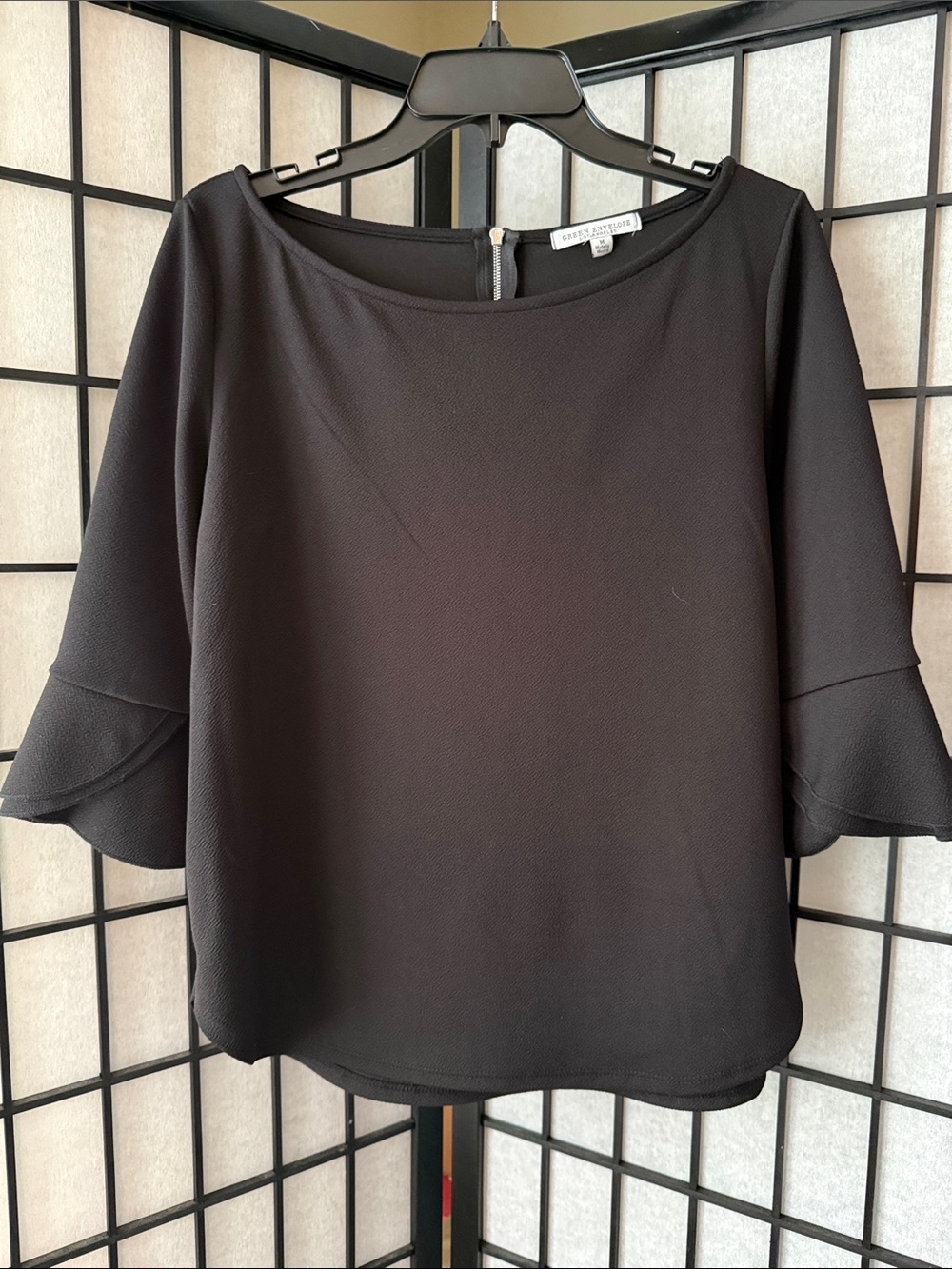 Green Envelope Black Ruffle Sleeve Back Zip Blouse